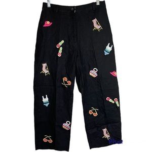 Pure & Simple Black Linen Summer Embroidered Crop Straight Leg Pants Size 6